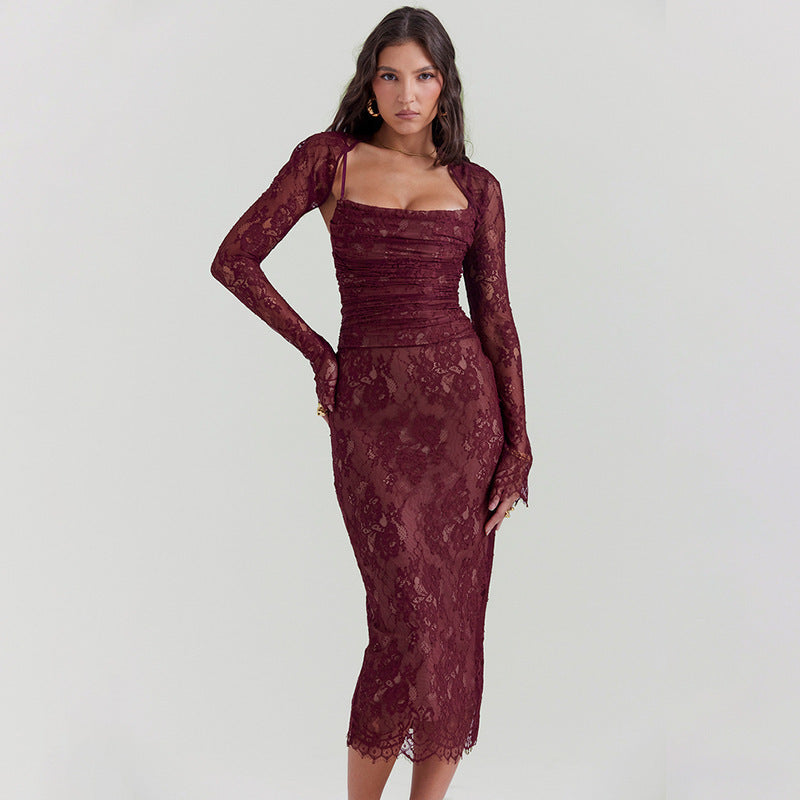 A long-sleeved hooded lace halter dress