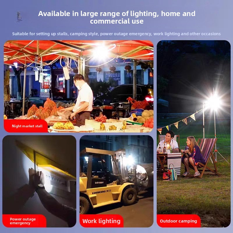 The night market stalls' lights are lit up