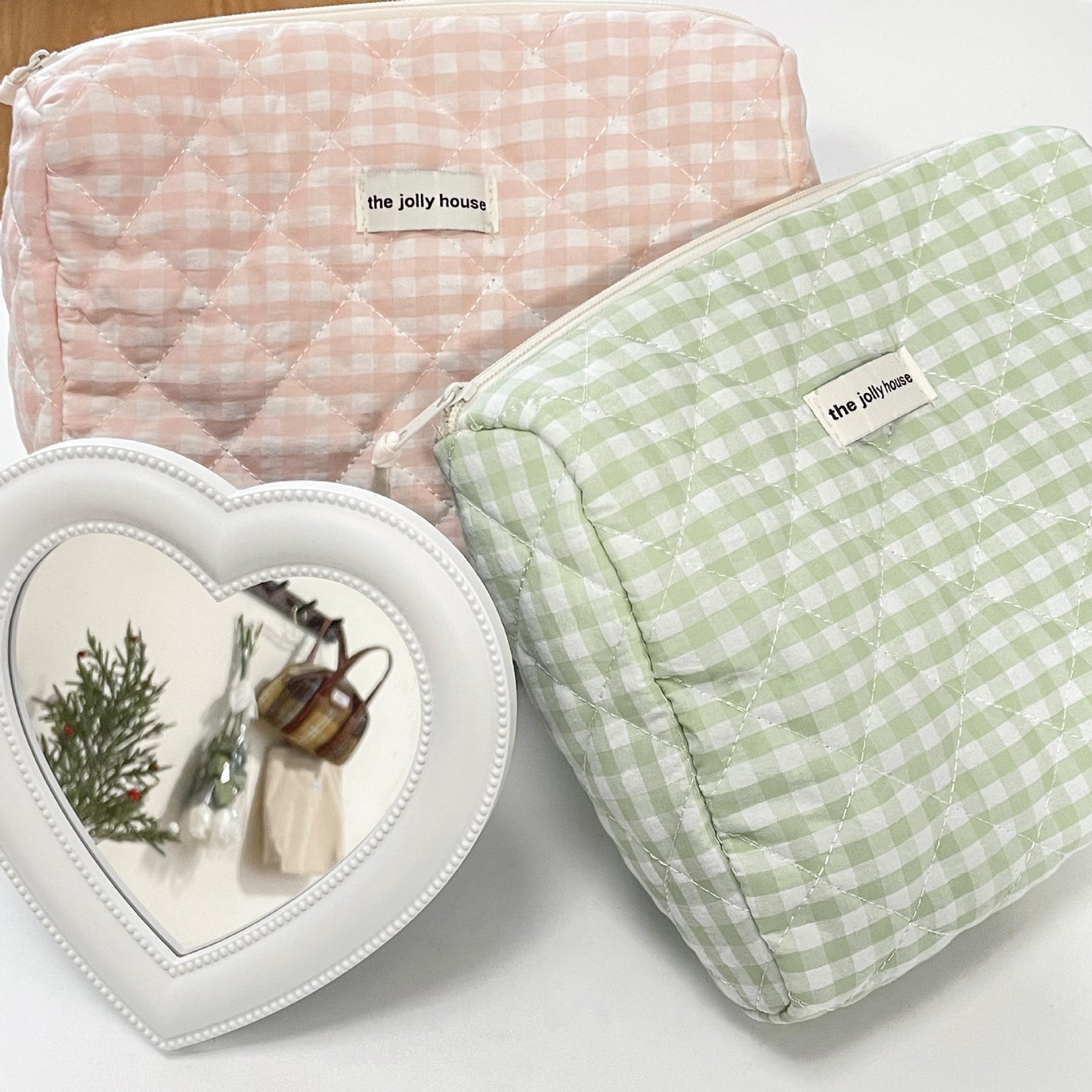 Pink and Green Grid Cosmetic Bag Large Capacity