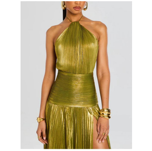 Metallic pleated slit tie dress