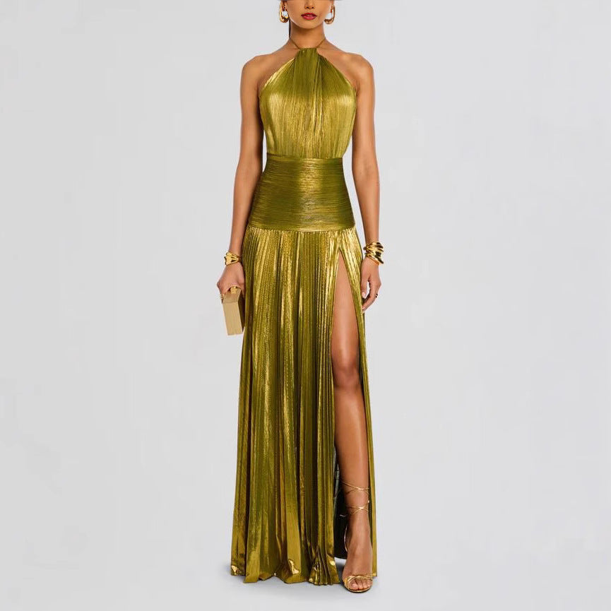 Metallic pleated slit tie dress