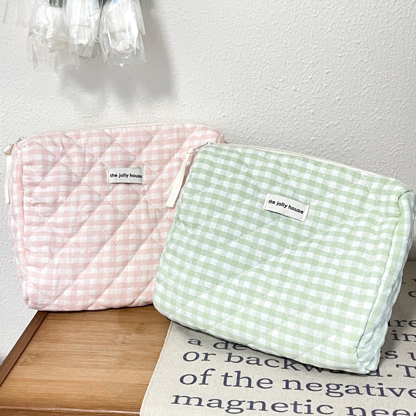 Pink and Green Grid Cosmetic Bag Large Capacity