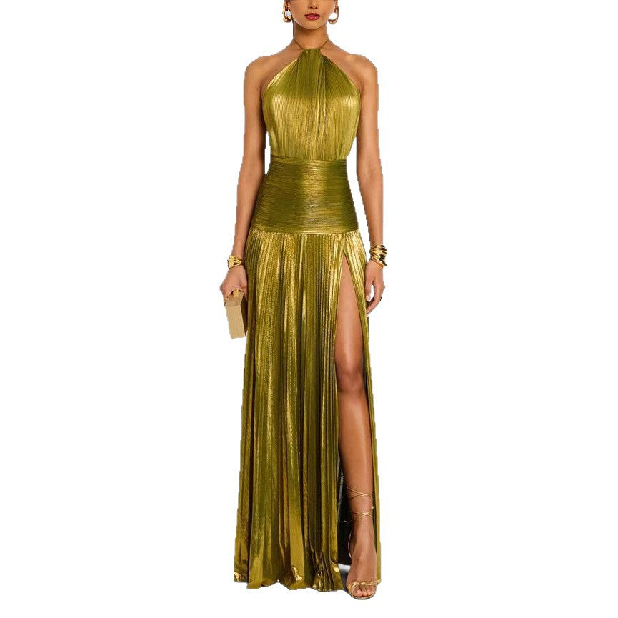 Metallic pleated slit tie dress