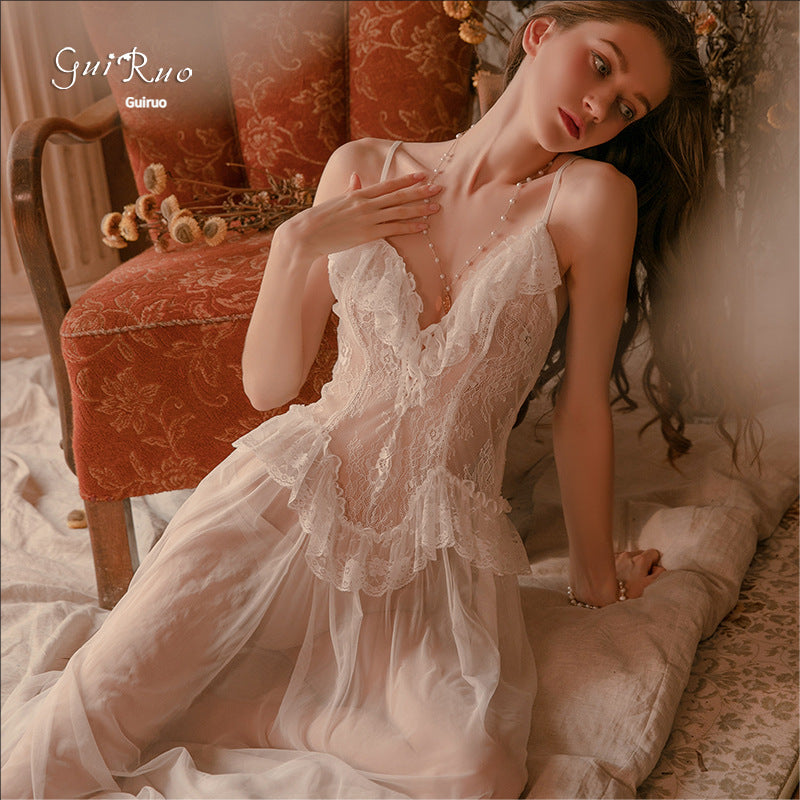 Long pajama see-through nightgown set