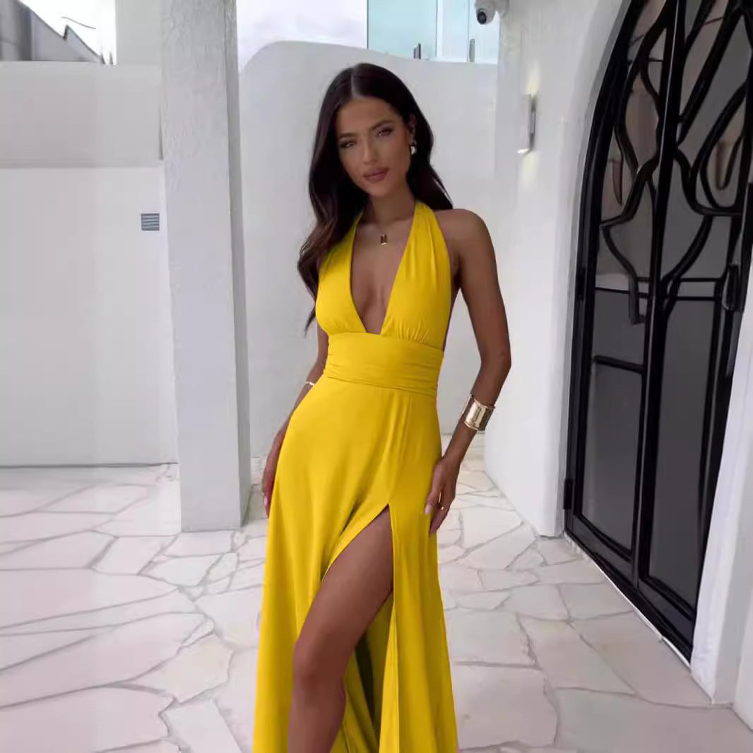 2025 spring new. Stand European and American Women's Elegant Neck V-Neck Slit Long Solid Color dress