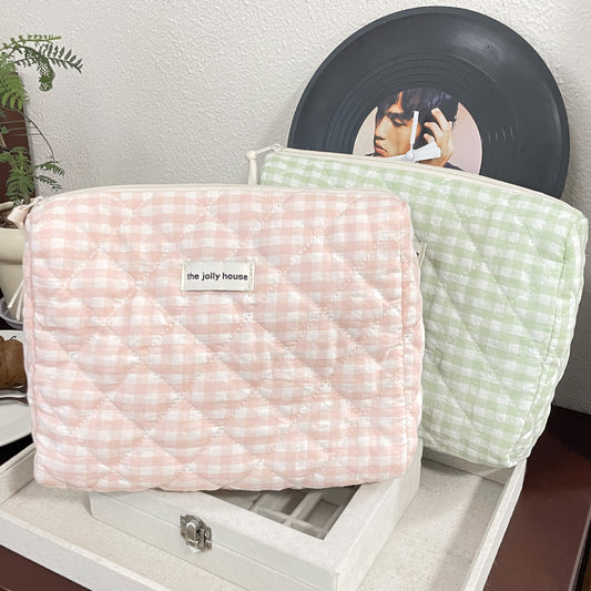 Pink and Green Grid Cosmetic Bag Large Capacity