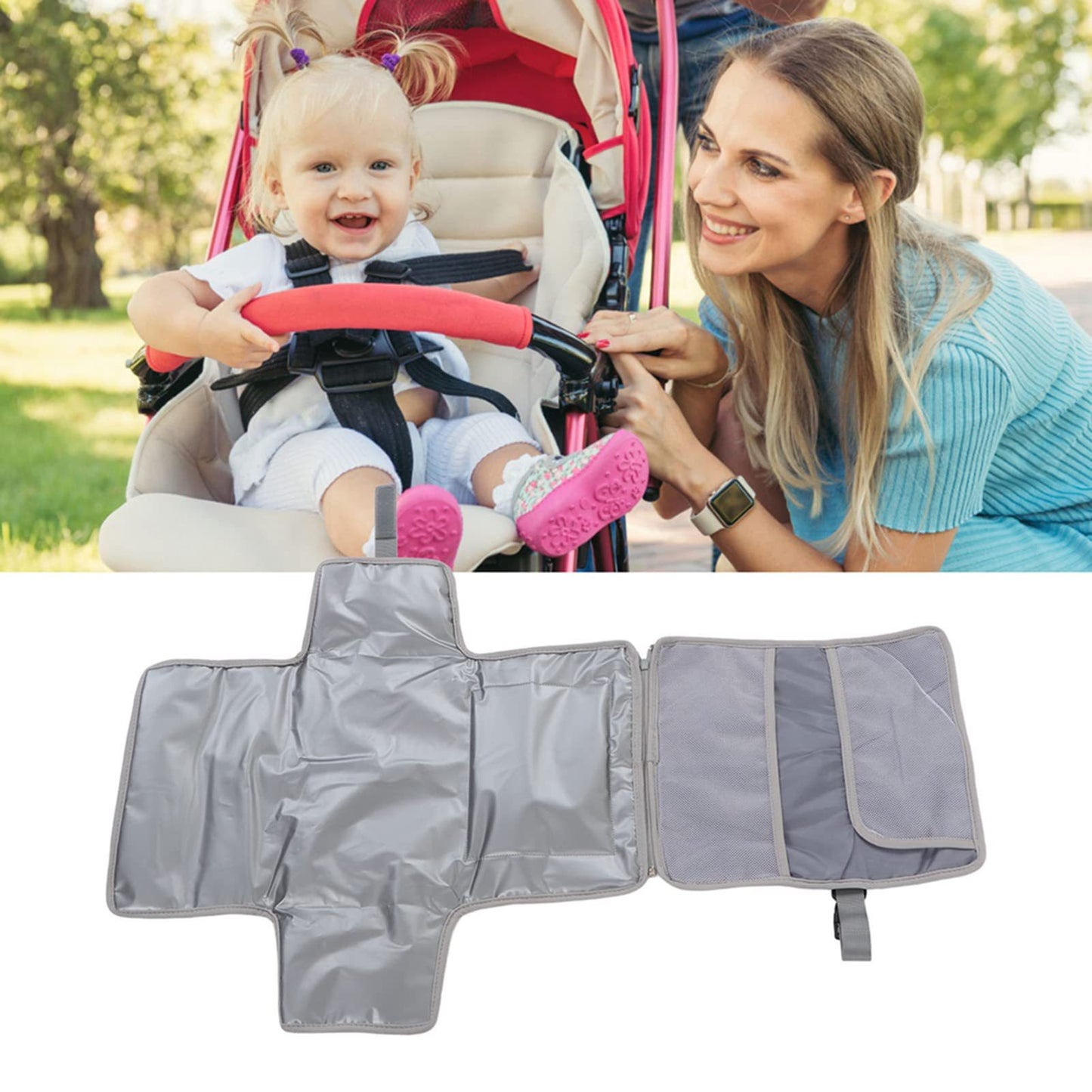 Portable diaper changing stroller hanging diaper pad bag