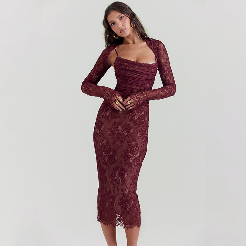 A long-sleeved hooded lace halter dress