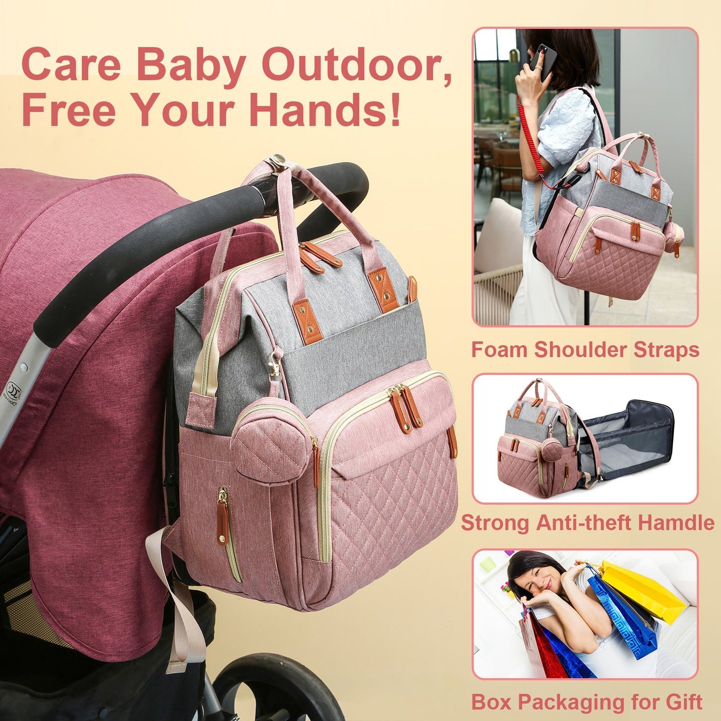 Lightweight Mommy Backpack with Foldable Baby Bed Stroller Compatible Large Capacity Diaper Bag