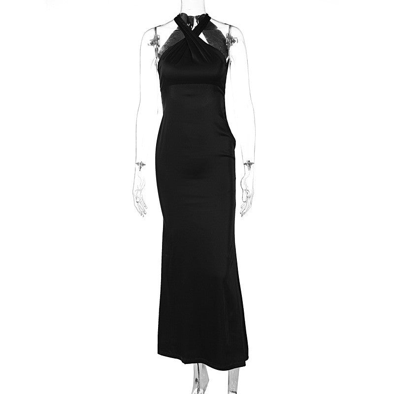 Solid-color sleeveless backless dress