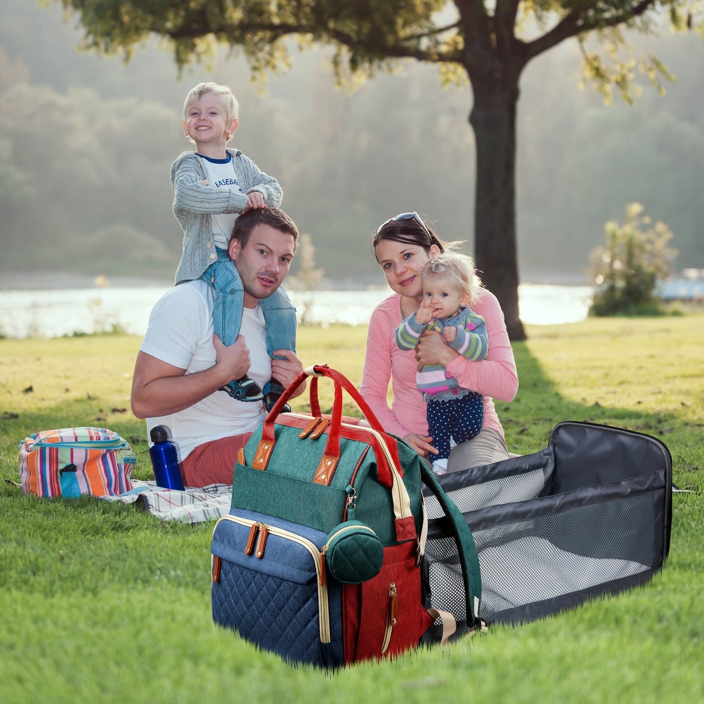 Lightweight Mommy Backpack with Foldable Baby Bed Stroller Compatible Large Capacity Diaper Bag
