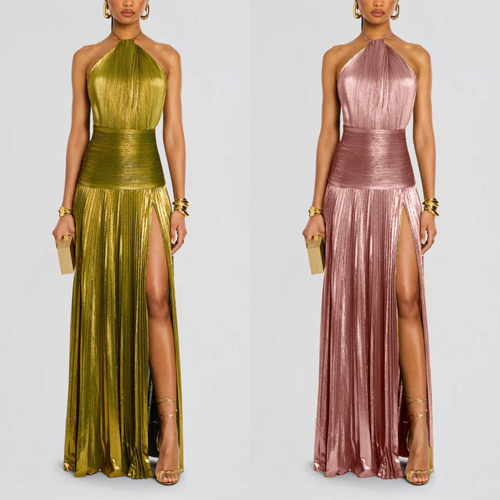 Metallic pleated slit tie dress