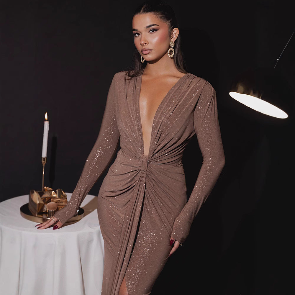 Cross-border Autumn and Winter Sexy Deep V-neck Sequin Strap Dress Dress Elegant Long-sleeve Split Slim-fit dress Party