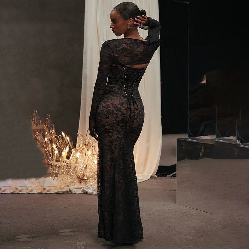 A long-sleeved hooded lace halter dress