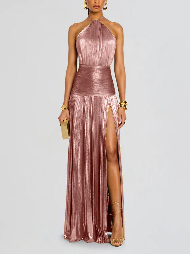 Metallic pleated slit tie dress