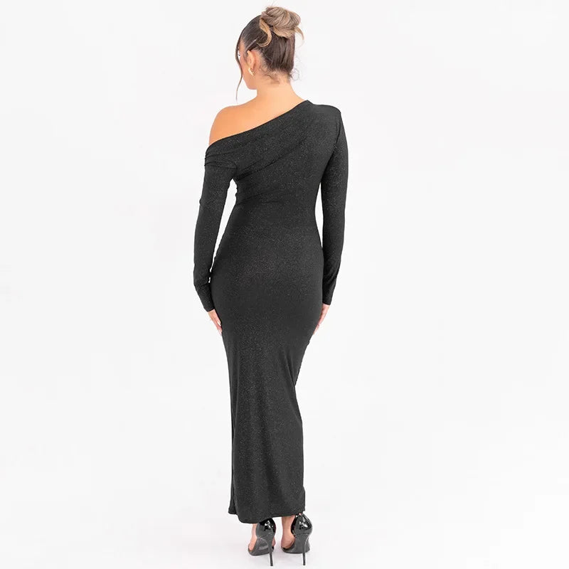 European and American style cross-border autumn and winter new hot-selling slant shoulder long sleeve hip dress fashion sexy pleated slim dress