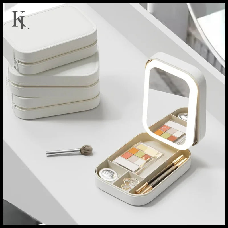 Makeup Storage Box With Led Light Mirror Portable Travel Cosmetic Case White