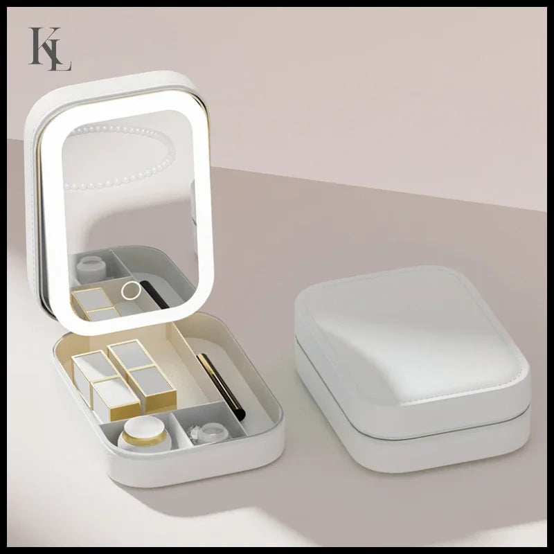 Makeup Storage Box With Led Light Mirror Portable Travel Cosmetic Case White