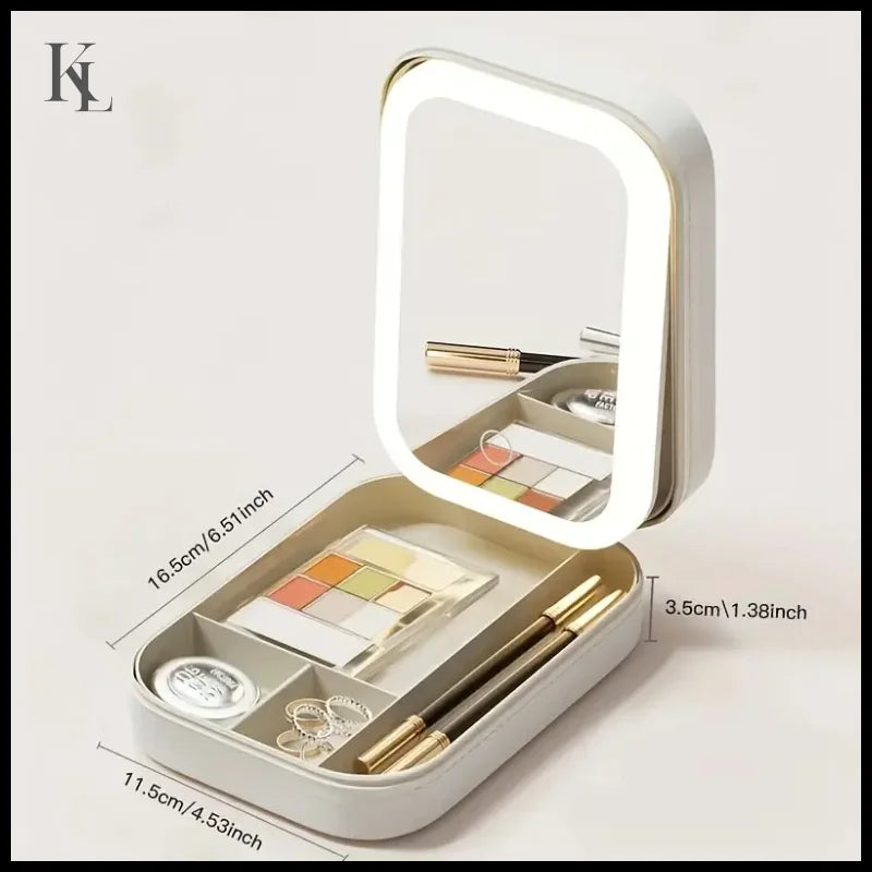 Makeup Storage Box With Led Light Mirror Portable Travel Cosmetic Case White