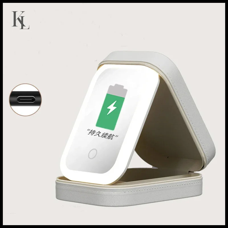 Makeup Storage Box With Led Light Mirror Portable Travel Cosmetic Case White