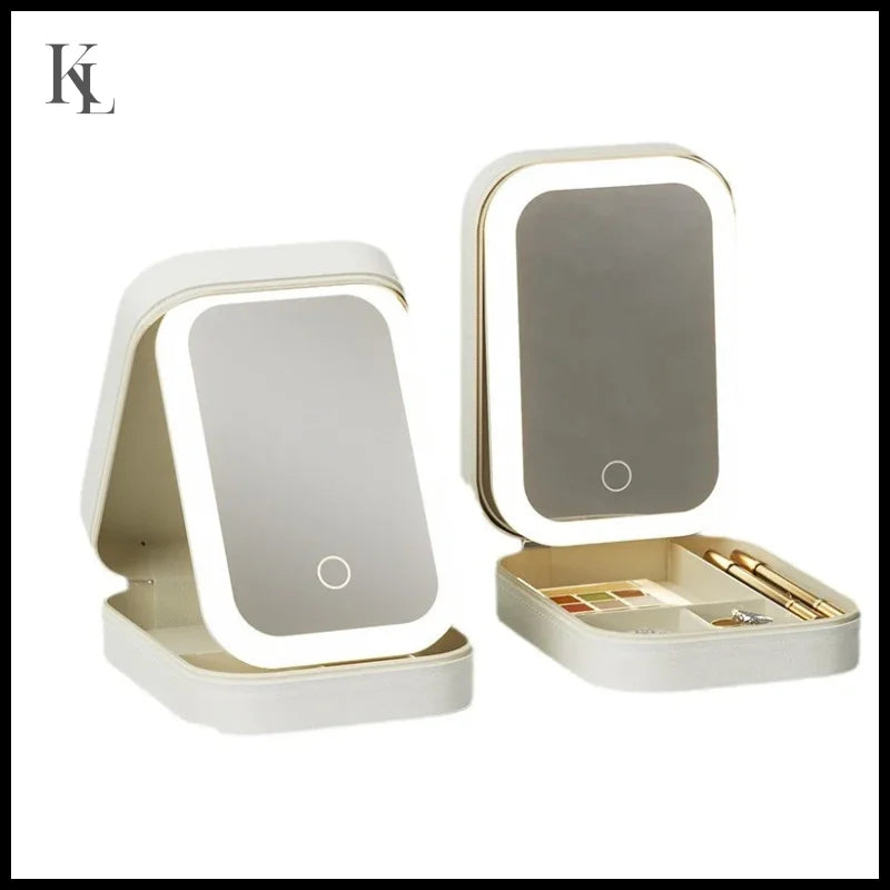 Makeup Storage Box With Led Light Mirror Portable Travel Cosmetic Case White