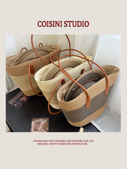 Handwoven Bag Large Capacity Straw Handbag Women's Sun Shade Straw Hat Casual Fashion Easiest for match Shoulder Bag