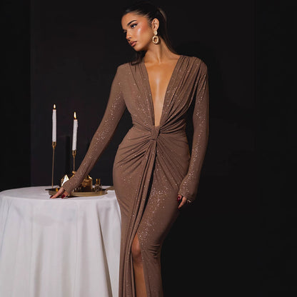 Cross-border Autumn and Winter Sexy Deep V-neck Sequin Strap Dress Dress Elegant Long-sleeve Split Slim-fit dress Party