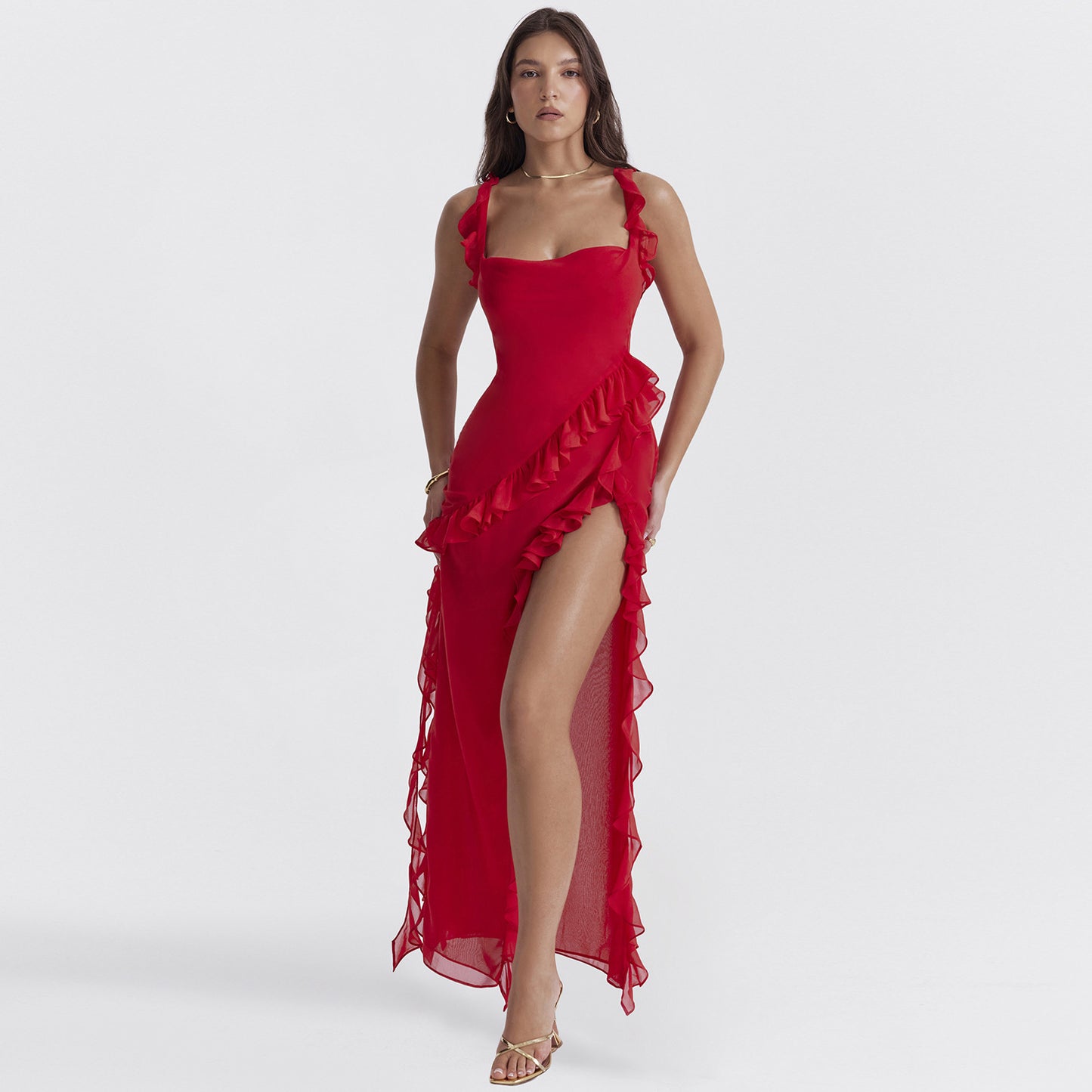 Black fungus edge spliced slit dress
