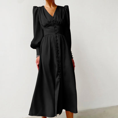 Long V-neck, cinched waist, retro dress