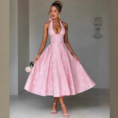 European and American Cross-border V-neck Hanging Neck Jacquard dress High-end Evening Dress Spring and Summer Elegant Sleeveless Backless Waist Long Dress