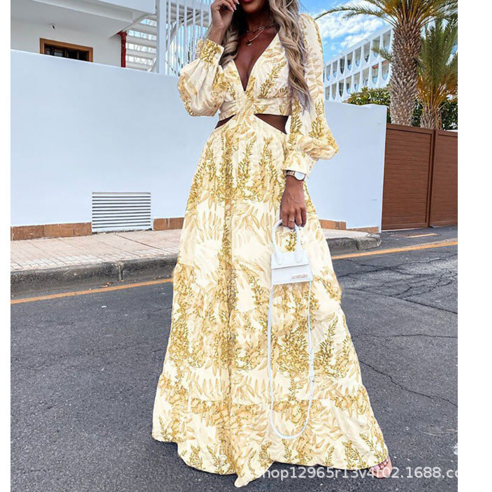 Fashion Women's Floral Print V-Neck Long Sleeve Beach Dress
