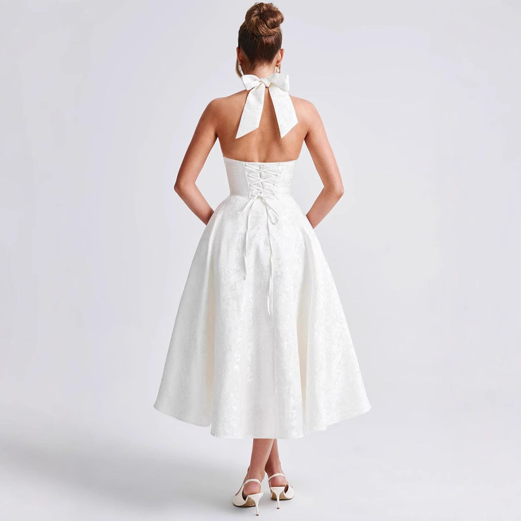 European and American Cross-border V-neck Hanging Neck Jacquard dress High-end Evening Dress Spring and Summer Elegant Sleeveless Backless Waist Long Dress