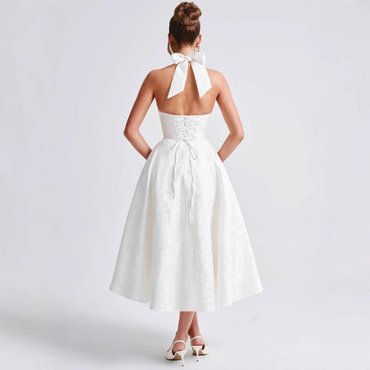European and American Cross-border V-neck Hanging Neck Jacquard dress High-end Evening Dress Spring and Summer Elegant Sleeveless Backless Waist Long Dress