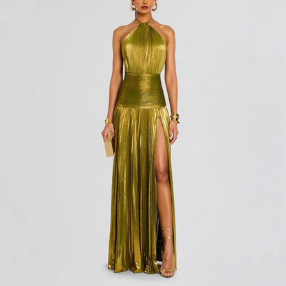 Metallic pleated slit tie dress