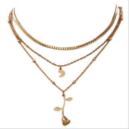 Bohemia Multilayer Moon Gold Color Pendant Necklaces For Women Rose Flower Choker Necklace 2025 Fashion Jewelry Party Gift Valentine's Day Gifts