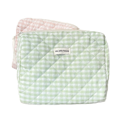 Pink and Green Grid Cosmetic Bag Large Capacity