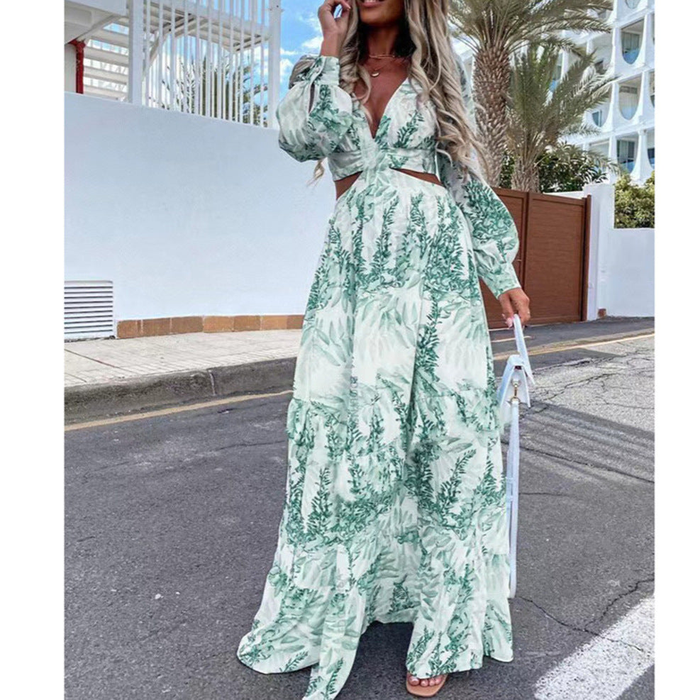 Fashion Women's Floral Print V-Neck Long Sleeve Beach Dress