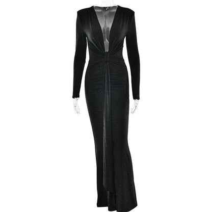 Cross-border Autumn and Winter Sexy Deep V-neck Sequin Strap Dress Dress Elegant Long-sleeve Split Slim-fit dress Party