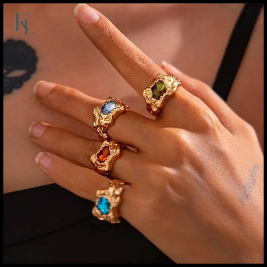 4PCS Colorful Zircon Pleated Ring Set Gold-01