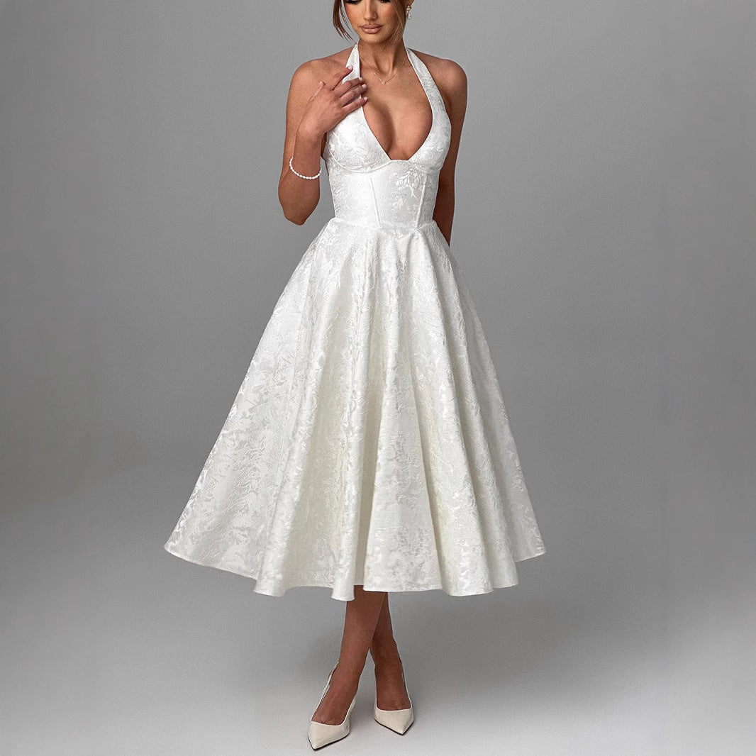 European and American Cross-border V-neck Hanging Neck Jacquard dress High-end Evening Dress Spring and Summer Elegant Sleeveless Backless Waist Long Dress