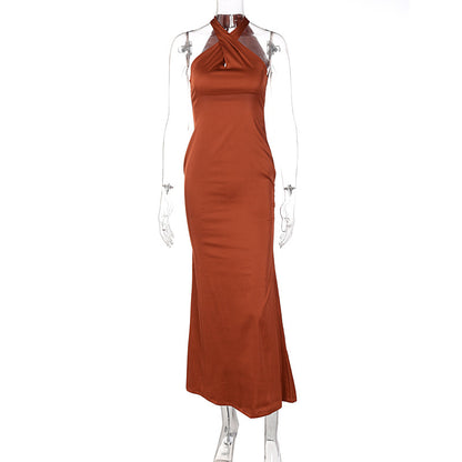 Solid-color sleeveless backless dress