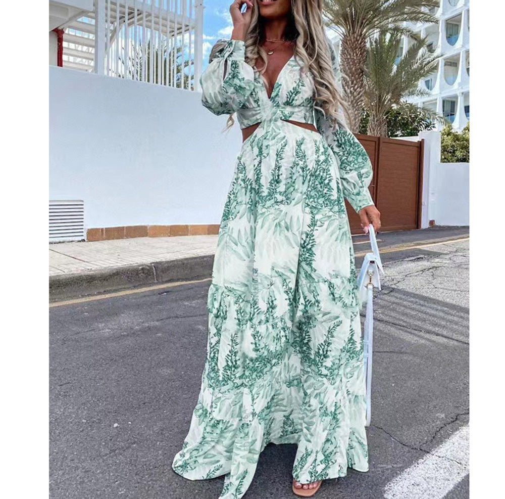 Fashion Women's Floral Print V-Neck Long Sleeve Beach Dress