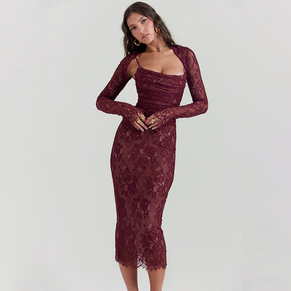 A long-sleeved hooded lace halter dress