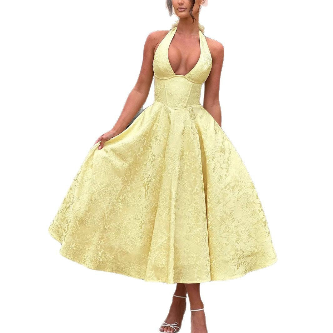 European and American Cross-border V-neck Hanging Neck Jacquard dress High-end Evening Dress Spring and Summer Elegant Sleeveless Backless Waist Long Dress