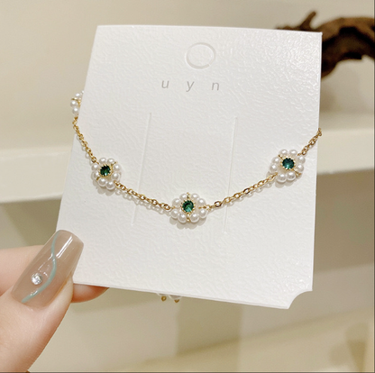 French style Titanium Steel Bracelet Imitation Pearl with Versatile Emerald Accents
