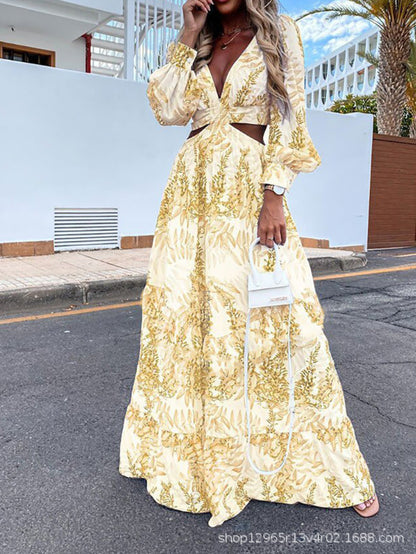 Fashion Women's Floral Print V-Neck Long Sleeve Beach Dress