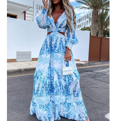 Fashion Women's Floral Print V-Neck Long Sleeve Beach Dress