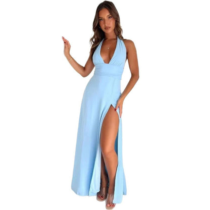 2025 spring new. Stand European and American Women's Elegant Neck V-Neck Slit Long Solid Color dress