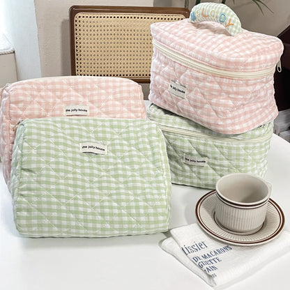 Pink and Green Grid Cosmetic Bag Large Capacity