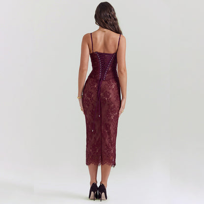 A long-sleeved hooded lace halter dress